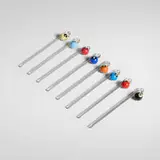 Milbert Company, Hangover Stirrers with pool balls, set of eight, c. 1968, glass, plastic