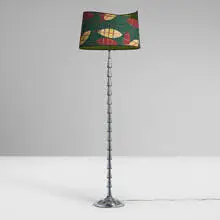 Art Déco, Floor lamp, c. 1930, polished aluminum, lacquered brass, screenprinted cotton shade