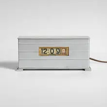 Moon Crest flip clock, model M-130 by Smith Metal Arts Co., c. 1945, aluminum, plastic, sold Aug 2025