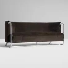 Gilbert Rohde, Sofa, c. 1934, upholstery, vinyl, chrome-plated steel