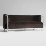 Gilbert Rohde, Sofa, c. 1934, upholstery, vinyl, chrome-plated steel