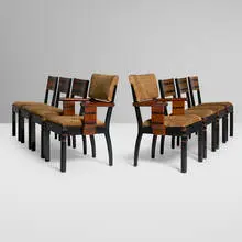 Donald Deskey, Dining chairs, set of eight, c. 1936, Avodire veneer, black lacquered wood, upholstery