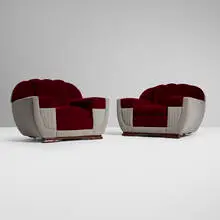 Art Déco, Club lounge chairs, two, c. 1935, velvet upholstery, mahogany