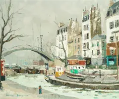 Jacques Bouyssou, 'Peniche sur le canal'; 'Pecheur a Moret', a pair, oil on canvas