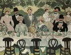 Alfredo Zorilla, Figures at a dining table, oil on board
