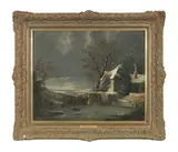 George Smith, A winter landscape with a watermill beside a frozen river, oil on canvas