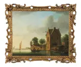 Dutch School, A river landscape with figures in boats, oil on canvas