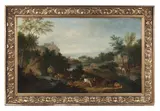 Flemish School, Drovers in an extensive river landscape, oil on canvas