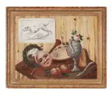 Sebastiano Lazzari, Still life with a mask, laurel wreath, and peaches on a table-top, oil on canvas