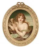 Eugenie Montpellier, Portrait of a girl with a lamb, oil on canvas, oval