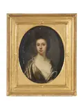Michael Dahl, Portrait of a lady, bust-length, in a green dress, oil on canvas, oval, laid down on panel