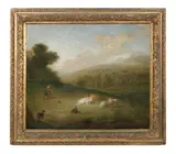 Figures and cattle in a landscape by English School, oil on canvas, offered Jul 2017