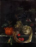 Jan Davidsz. de Heem, A lemon, grapes, cherries and other fruit with a flower on a stone ledge, oil on panel