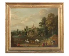Figures and a wagon before a village by Peter Tillemans, oil on canvas, sold Mar 2017