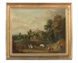 Peter Tillemans, Figures and a wagon before a village, oil on canvas