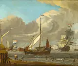 Johannes de Blaauw, Dutch shipping in choppy seas off the coast, oil on canvas