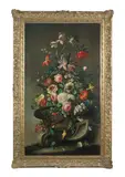 Dutch School, Still lifes of flowers and birds, a pair, oil on canvas