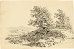 Flusslandschaft mit Hügel und Bäumen, ein Turm im Hintergrund by Carl Friedrich von Rumohr, Um 1825, Tuschfeder auf Velin, sold Oct 2018
