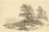 Carl Friedrich von Rumohr, Flusslandschaft mit Hügel und Bäumen, ein Turm im Hintergrund, Um 1825, Tuschfeder auf Velin