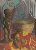 Alma del Banco, Afrikanisches Stilleben mit Figur, Schild und vier Früchten, Um 1930, Öl auf Leinwand