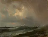 Robert Kummer, Stürmische See mit kenterndem Schiff, Um 1865, Öl auf Papier auf Karton, auf weiteren Karton aufgezogen