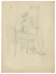 Ernst oder Bernhard Fries, An der Staffelei sitzender Maler (und 2 Beigaben), Bleistift auf leicht grauem Velin (Wasserzeichen: WANGEN)
