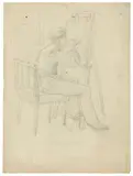 Ernst oder Bernhard Fries, An der Staffelei sitzender Maler (und 2 Beigaben), Bleistift auf leicht grauem Velin (Wasserzeichen: WANGEN)