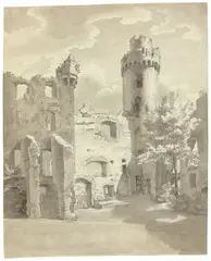 Ernst Fries, Hof der Burgruine Auerbach a.d. Bergstraße, 1819, Pinsel in Grau über Bleistift auf Bütten