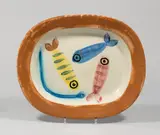 Quatre poissons polychromes by Pablo Picasso, 1947, Ovale Platte, weißer Ton, mit Engoben- und Oxidbemalung und glasiert; ceramic, Madoura edition, sold Jun 2017