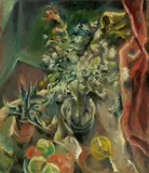 Wilhelm Kohlhoff, Tischstillleben mit Blumen und Früchten, Um 1924, Öl auf Leinwand, auf Holz aufgezogen