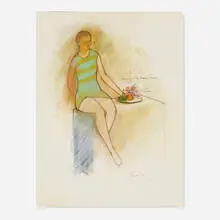 Enrique Castro-Cid, Woman Sitting on Table, 1967, graphite and pastel on paper