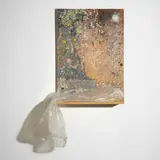 Fredrik Værslev, Shelf Painting (Dew Problems) #9, 2011, spray paint, house paint, cellulose paint, corrosion protective spray, and staples on pine plywood, pine shelf, stainless steel screws and hinges, rain poncho