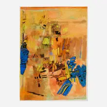 Ynez Johnston, Figures in an Orange Landscape, 1958, oil, gouache, ink on paper