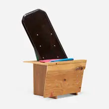 Martino Gamper, Olivia chair, 2008, recycled shipping crate plywood and pine, repurposed furniture parts, recycled moving blanket, steel