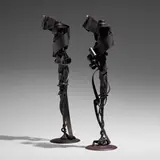 Albert Paley, Millennium candlesticks, pair, 1998, forged and fabricated steel with a blackened finish, fixed brass bobeches (collars)