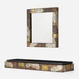 Patchwork wall-hanging shelf and mirror, models PE 17 and PE 18 by Paul Evans, c. 1968, welded and patinated pewter, copper, and bronze, slate, mirrored glass, sold Jan 2023