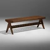 Bench from the M.L.A. Flats building, Chandigarh by Pierre Jeanneret, c. 1955, teak, upholstery, sold Jan 2023