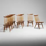 New chairs, set of eight by George Nakashima, 1975, American black walnut, hickory, sold Jan 2023