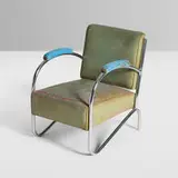 Green Duck Company, Child's or sample armchair, c. 1935, chrome-plated steel, vinyl upholstery, lacquered steel
