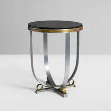 attribution Walter W. Kantack, Occasional table, c. 1930, matte chrome-plated steel, polished slate, brass