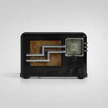 Radio, model 354D by Fada, c. 1937, Bakelite, plastic, fabric, chrome-plated metal, sold Aug 2025