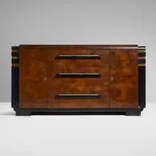 Donald Deskey, Buffet, c. 1936, Avodire veneer, black lacquered wood, chrome-plated metal