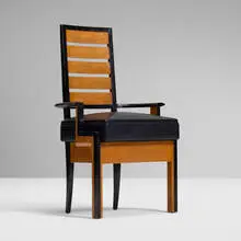 Kem Weber, Armchair from the Freudemann Residence, Beverly Hills, 1928-29, maple, ebonized maple, vinyl upholstery