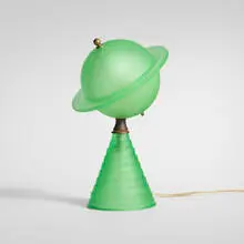 Art Déco, Saturn table lamp from the 1939 New York World's Fair, c. 1939, frosted uranium glass, chrome-plated brass, brass