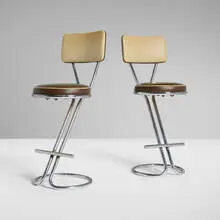 Machine Age, Barstools, pair, c. 1935, chrome-plated steel, vinyl