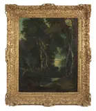 George Barrett R.A., Figures by a campfire in woodland, oil on canvas