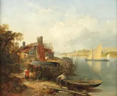 John Crome, A fisherman before a river, possibly The Medway, near Rochester, oil on board