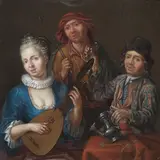 Matthys Naiveu, An interior scene with a woman playing a lute, oil on panel
