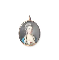 Samuel Collins, A lady wearing an ermine trimmed turquoise blue cloak, white dress and lace slip, two strands of pearls suspended from a ruby brooch at her corsage and pearl pendant earrings, her brown hair dressed with further strands of pearls and upswept beneath a white embroidered turban, ivory, gold frame, the reverse with border of blue glass surrounding gold mounted aperture, glazed to reveal plaited hair,