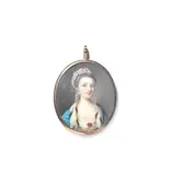 Samuel Collins, A lady wearing an ermine trimmed turquoise blue cloak, white dress and lace slip, two strands of pearls suspended from a ruby brooch at her corsage and pearl pendant earrings, her brown hair dressed with further strands of pearls and upswept beneath a white embroidered turban, ivory, gold frame, the reverse with border of blue glass surrounding gold mounted aperture, glazed to reveal plaited hair,